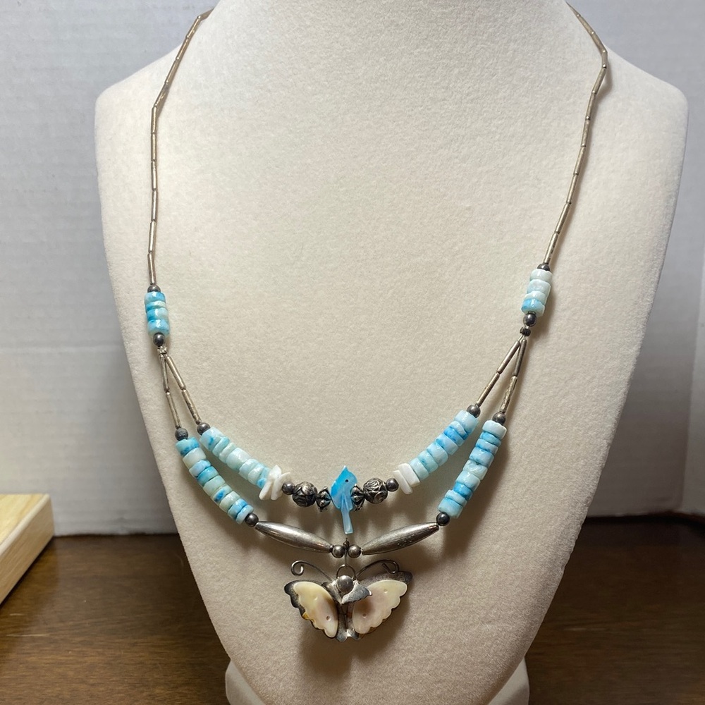 Silver and Blue Beaded Butterfly Necklace